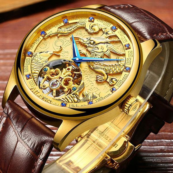 

wristwatches men's watch tourbillon automatic mechanical wrist watches dragon gold dial leather ailang 6826, Slivery;brown