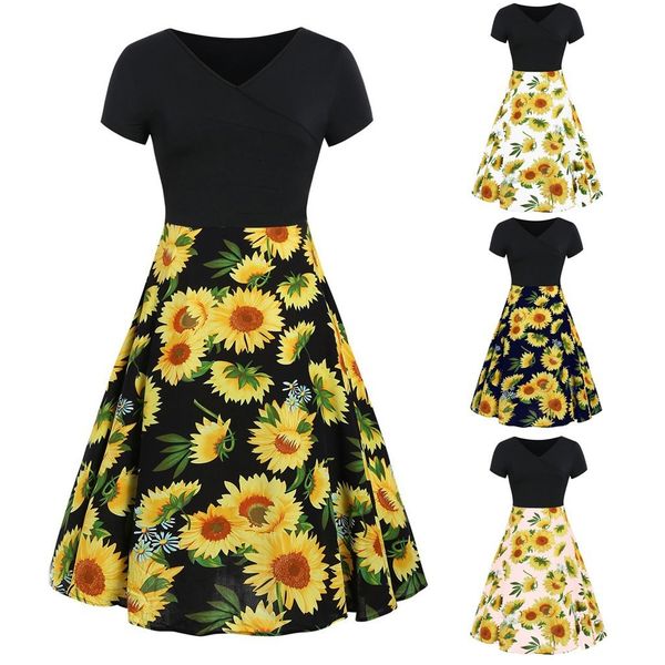 

charming dresses suower digital print v-ne short sleeve, Black;gray