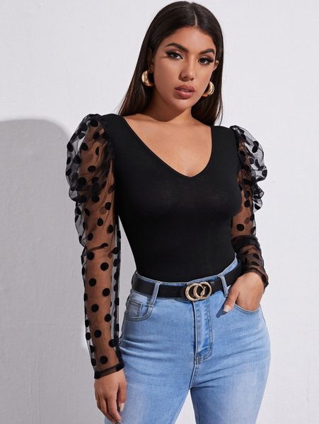 

polka dot flocked mesh gigot sleeve z943#, White