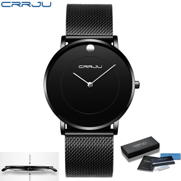 

men watch fashion full black watch for men crrju brand luxury men's quartz watches men steel belt waterproof wristwatch 210517, Slivery;brown