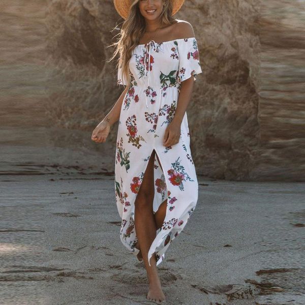 

casual dresses floral for women 2021 fashion sweet one-shoulder dress short-sleeved beach vestidos mujer, Black;gray