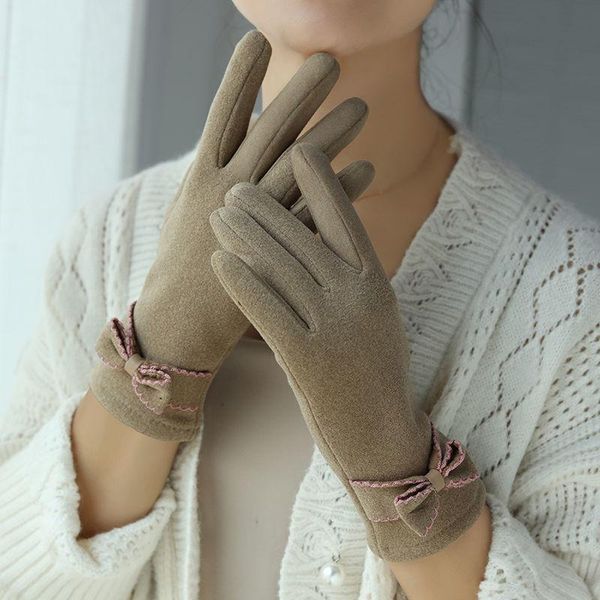 

five fingers gloves korean woman' winter thin elastic bow full finger warm for sports cycling outdoor cold touch screen driving mitten, Blue;gray