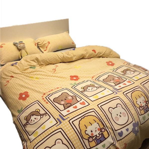 

bedding sets 4pcs 1.5m 1.8m milk coral fleece bed sheet warm double-sided flannel thick duvet cover cream yellow with pillowcase