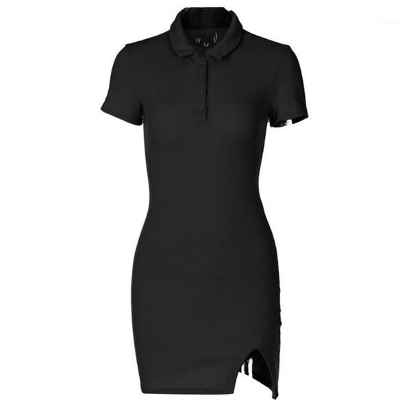 

casual dresses 2021 sanwood bodycon dress solid color split women turndown collar short sleeve mini streetwear, Black;gray