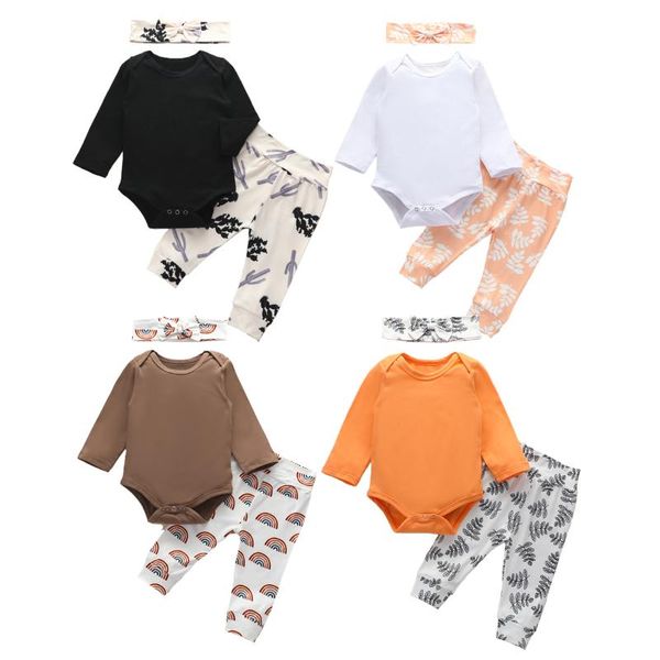 

clothing sets born baby 0-24m autumn infant boy girl button ribbed long sleeve cotton playsuit romper+pants +bow headband outfit 3-pcs, White