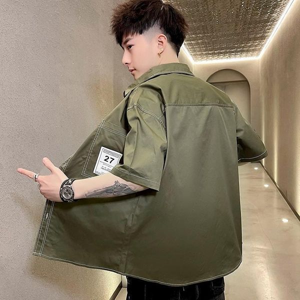 

men's casual shirts summer clothing fashion tooling lattice cardigan short sleeve shirt square collar stripe trend handsome clothes, White;black