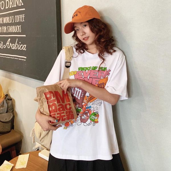 

women's t-shirt retro ins cartoon print loose female korean harajuku t-shirts japanese kawaii ulzzang clothes for women, White