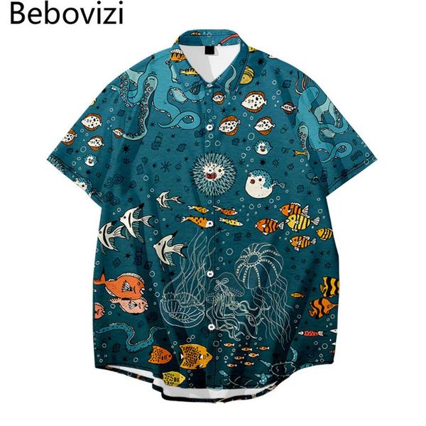 

men's casual shirts 2021 men cartoon marine life print hawaiian shirt streetwear harajuku beach summer short sleeve camisas, White;black