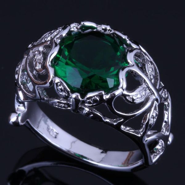 

cluster rings splendid round green cubic zirconia silver plated ring v0444, Golden;silver