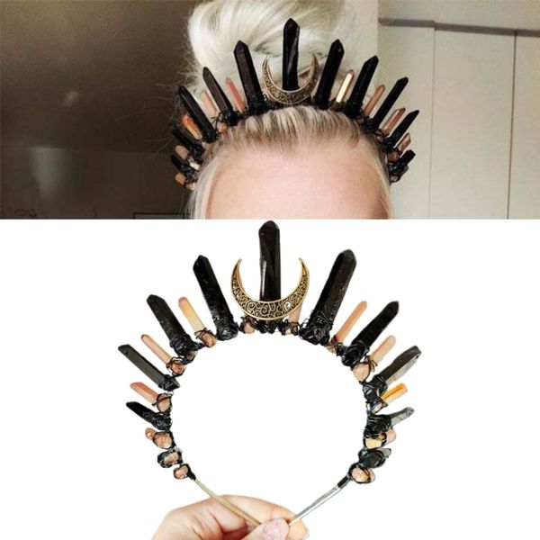 

boho antique moon jewelry tiara crown headband contrast color bright raw crystal quartz halo hair hoop party headdress, Silver