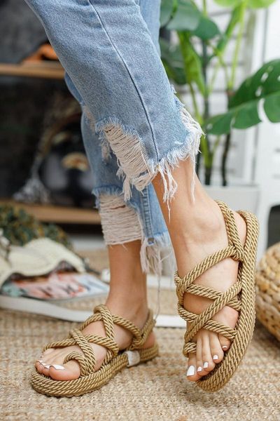 

women's gold rope wound sandals, Black