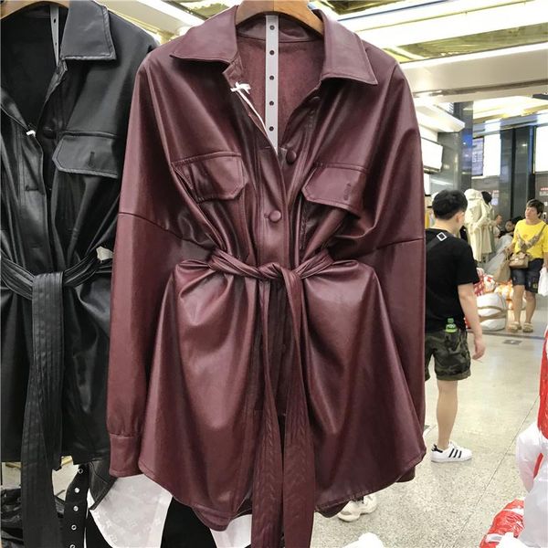 

women's leather & faux 2021 spring autumn lapel long sleeve wine red pu belt loose big size jacket women coat streetwear fashion oversi, Black