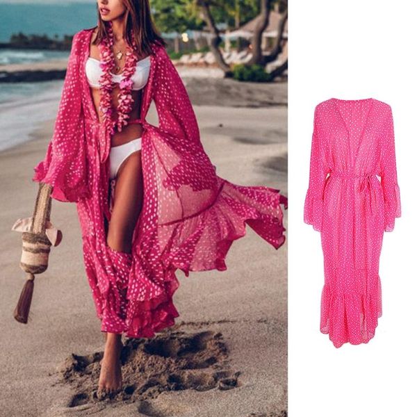 

one-piece suits women bikini swimsuit cover up flare sleeve chiffon belted kimono cardigan polka dot ruffles rose red maxi beach dress