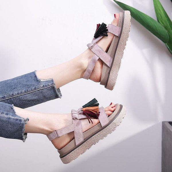 

summer gladiator open toe ankle wrap medium heel platform sandals slip on flip flops casual safety women, Black