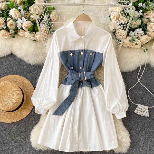 

two piece dress foamlina denim patchwork shirt korean style women new spring lapel collar long sleeve single breasted casual short, White