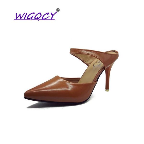 

pointed toe soft leather thin heels high sandals women 2021 summer shoes british wind shallow slip-on female, Black