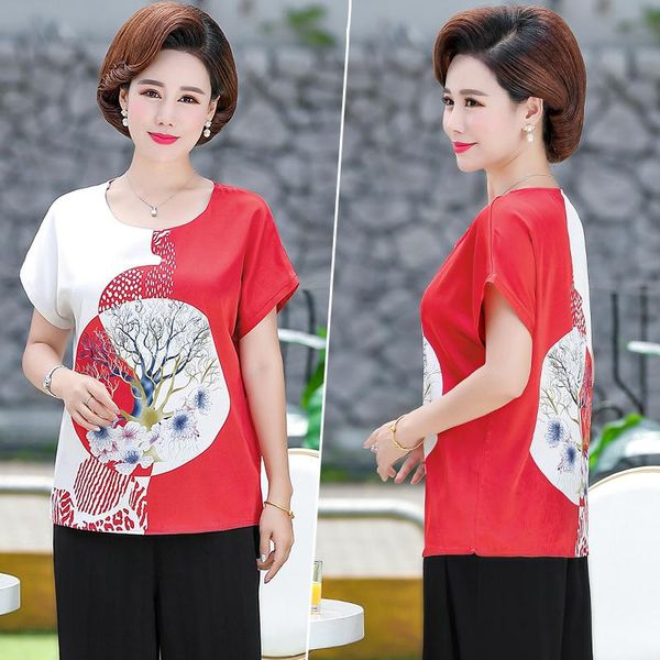

women's t-shirt summer women fashion printed middle age imitation silk short-sleeved mother clothes plus size female top, White
