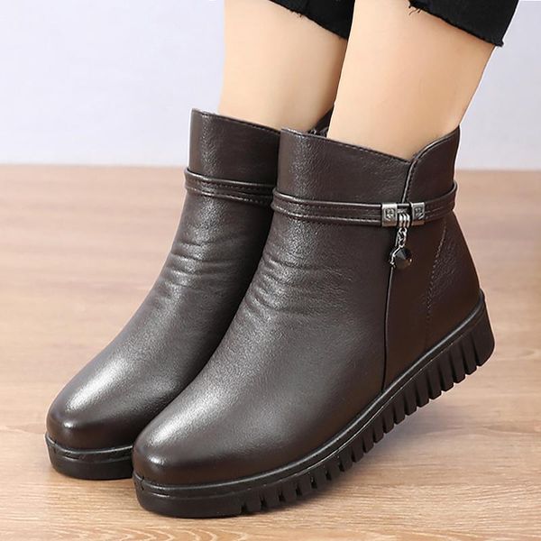 

woman ankle boots 2021 warm plush wedge for women casual shoes non-slip waterproof leather zipper female, Black