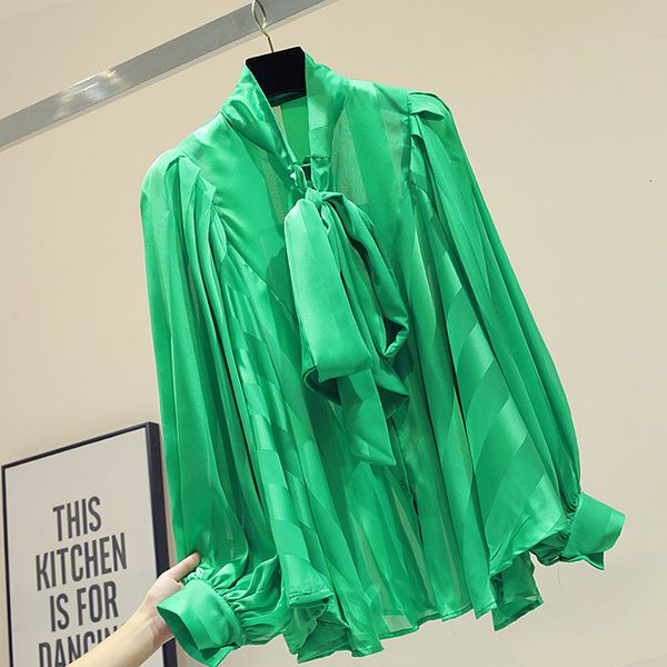 

white and black fall blusas green women korean tie-up pure-color shirts girls ladies lantern sleeve bow collar shirt blouse femme