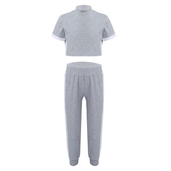 

kids girls sportswear outfits short sleeves dance crop with sport pants tracksuit sets children workout gymnastics clothing, White