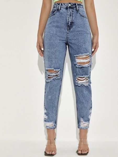 

high waist ripped skinny jeans n4y0#, Blue