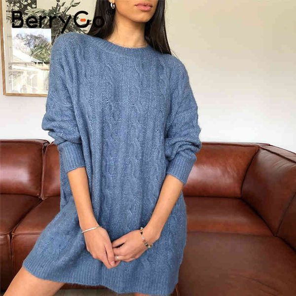 

berrygo causal blue autumn winter women knitted dress elegant o-neck long sleeves straight fashion basic sweater 210513, Black;gray