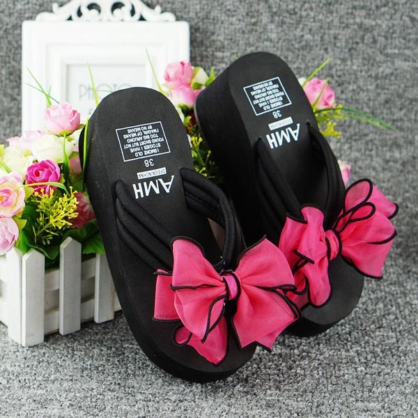 

slippers 2021 women sweet bow flip flops handmade flower high heels sandals women's thick bottomed summer wedge beach, Black