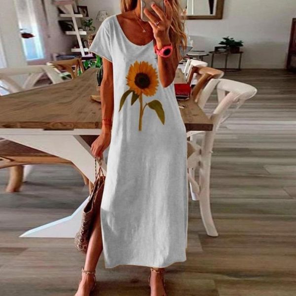 

plus size s-5xl summer women split printed sunflower o neck short sleeve maxi dress femme korean casual loose sj7114e dresses, Black;gray