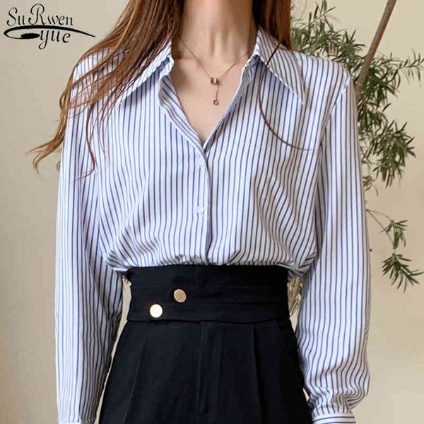 

loose chiffon blouse women fashion striped v-neck long sleeve wild professional women's shirts autumn feminine 11251 210427, White
