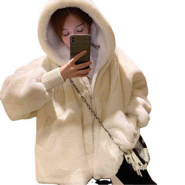 

lamb wool coat autumn winter 2021 thickened ffy korean sweet warm hooded cotton, Black;brown