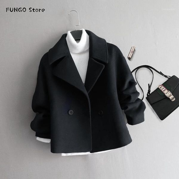 

women's wool & blends women winter college style short woolen coat warm female outwear fashion -selling, Black