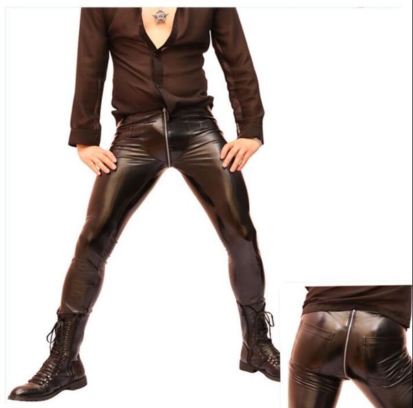

men's pants black personality fashion high-elastic tight motorcycle faux leather mens feet pu trousers for men singer stage