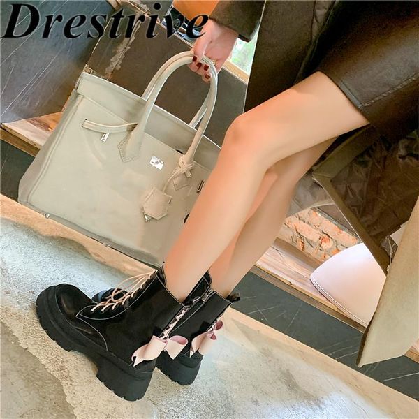 

boots drestrive women ankle pink butterfly knot round toe cow patent leather cross tie zipper platform 2021 shoes thick heels, Black