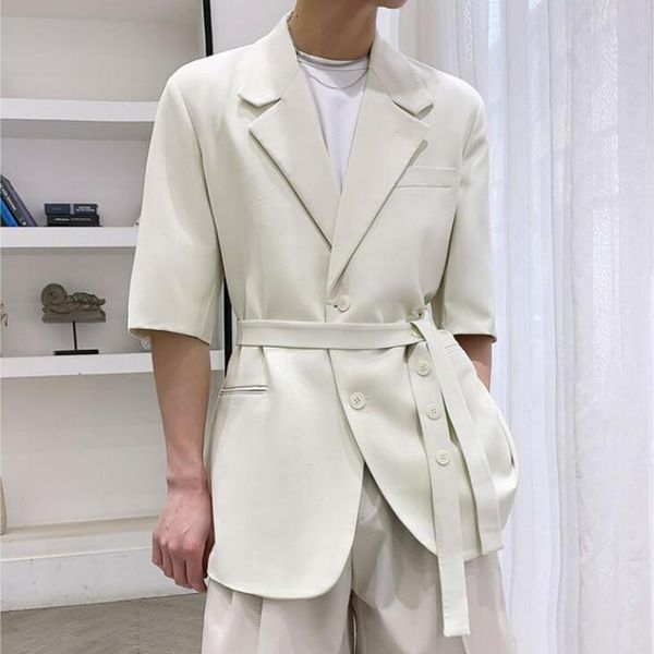 

men's suits & blazers fashion men casual solid color korean short sleeve lapel leisure suit with belt handsome streetwear mens jackets, White;black