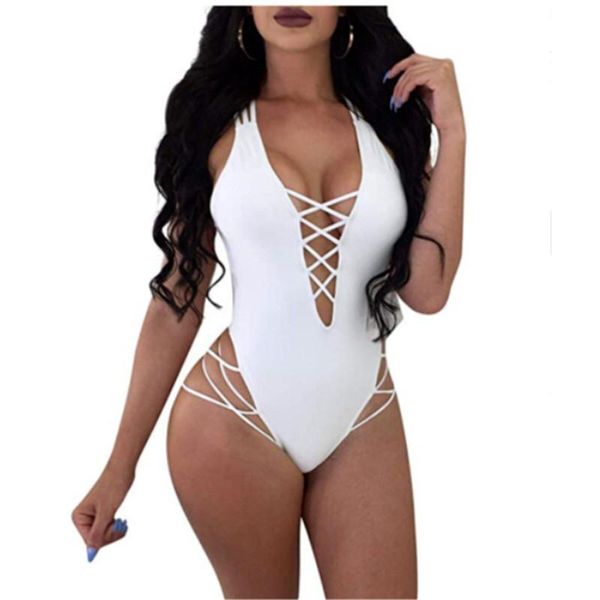 

women one-piece swimwear solid color swimming costume swimsuit monokini lace up straps hollow push bikini suits