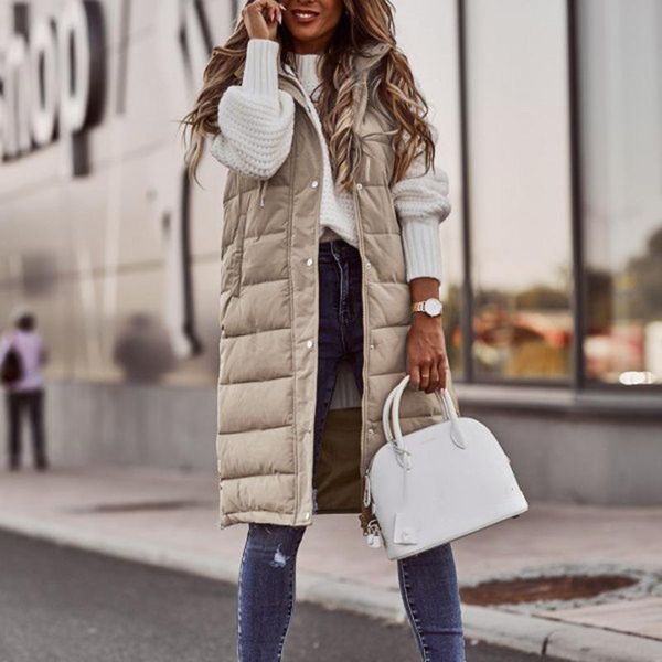 

women's vests long winter coat vest hood sleeveless warm down with pockets quilted jacket outdoor d102#, Black;white