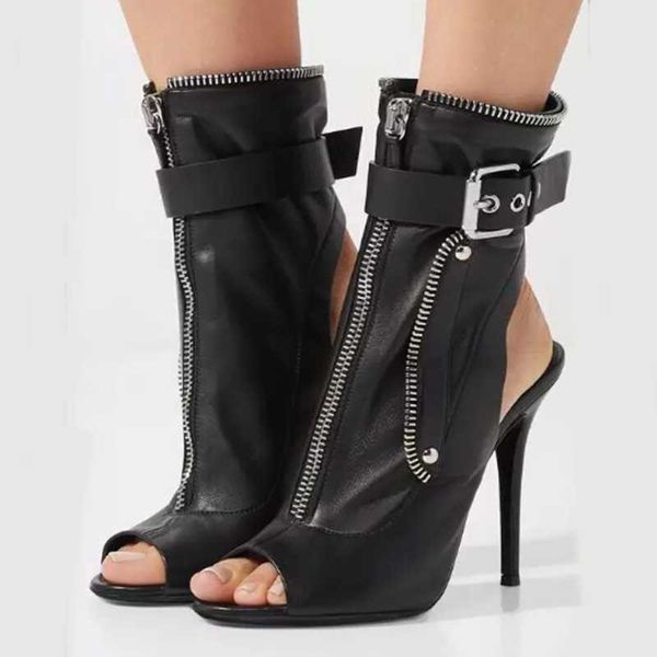 

boots black leather zipper ankle peep toe buckle strap cut-out gladiator heels dress shoes thin party real po