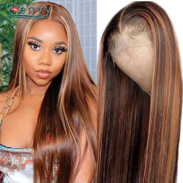 

lace wigs straight highlight front human hair ginger blonde brown for women peruvian colored wig remy, Black;brown