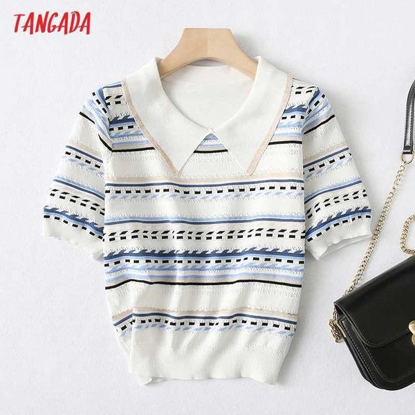 

tangada korea chic women striped pattern hollow thin sweater short sleeve ladies school style knitted jumper yu69 210609, White;black