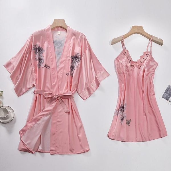 

women's sleepwear womens flower print 2pcs robe suit sweet lace bow home dress v-neck strap nightgown summer autumn lounge bathrobe gow, Black;red