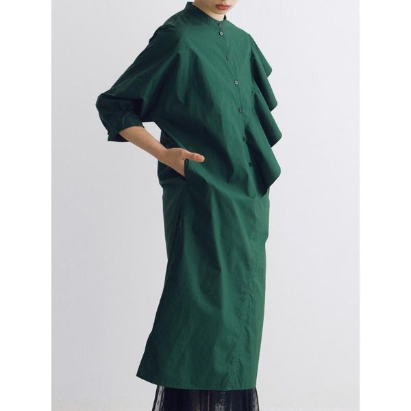 

casual dresses 2021 dark green cotton ruffle shirt dress super loose long women 0816-4, Black;gray