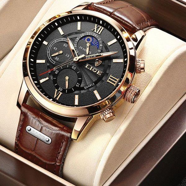 

wristwatches relogio masculino mens watches brand leather chronograph waterproof sport automatic moon phase quartz watch for men, Slivery;brown
