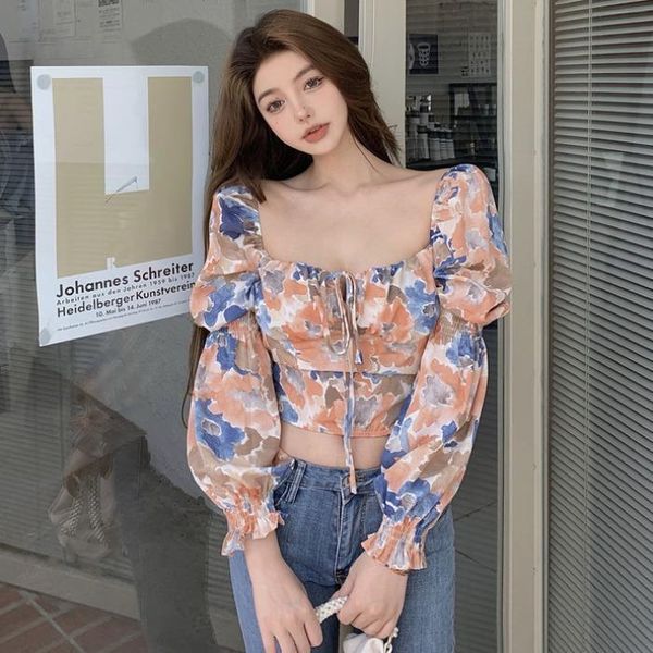 

women's blouses & shirts women blouse square collar puff sleeve 2021 spring long-sleeved for blusas mujer de moda, White