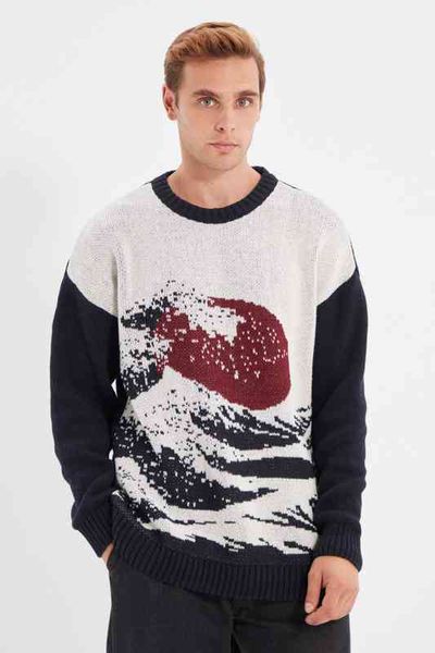 

trendyol men oversize wide mold bike collar sweater tmnaw22hi0488, White;black