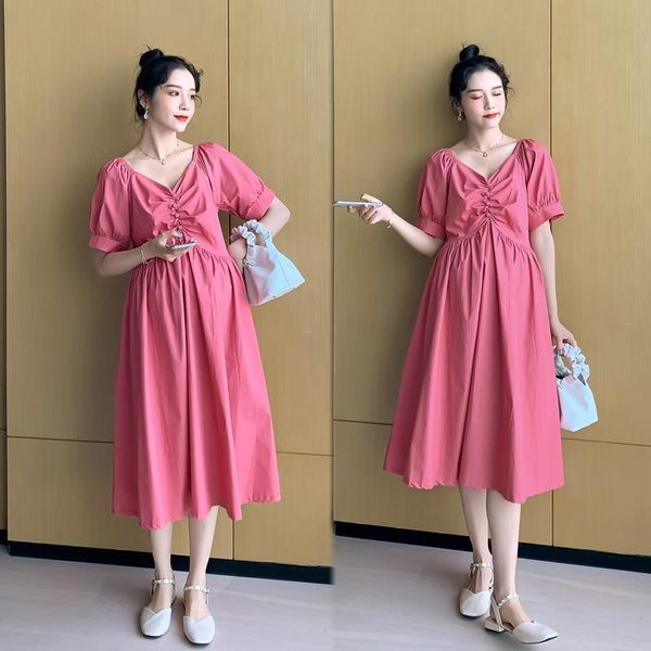 

maternity dresses 2036# dress long sleeves midi plus size pregnancy v neck large plain pregnant woman mom, White