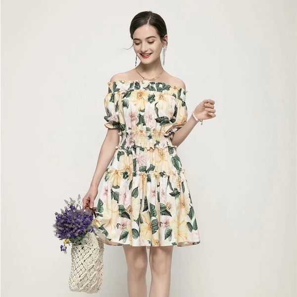 

summer runway fashion slash floral neck printed short yellow party robe dress, Black;gray