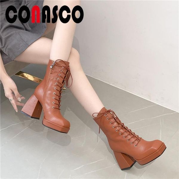 

boots conasco women ankle retro concise genuine leather autumn winter square toe high heels lace-up side zipper shoes woman1, Black