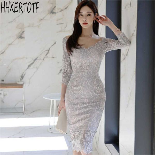 

summer korean style temperament stitching lace three quarter sleeves v neck bag hip dress 210531, Black;gray