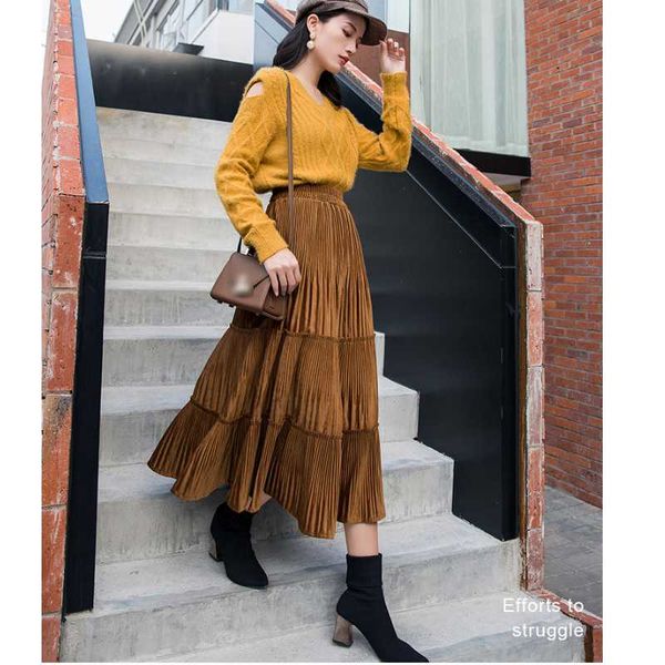 

skirts autumn and winter women's korean gold velvet pleated stitching fashion mid-length loose large swing skirt high waist, Black