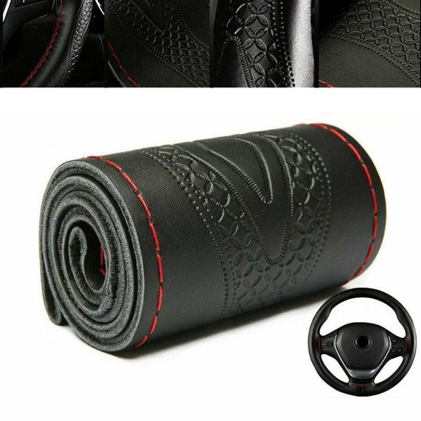 

car steering wheel cover leather anti-slip black red thread 37-38cm set covers